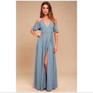 Off the shoulder Maxi dress with slit, blue slate